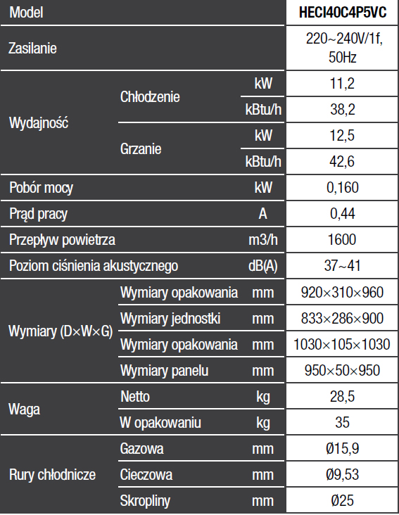 Klimatyzator Kasetonowy Hyundai ® 11,2 KW HECI40C4P5VC