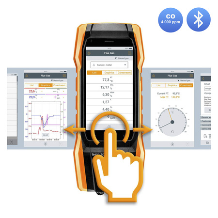 Testo 300 NEXT LEVEL O2 i CO Analizator spalin (4.000ppm) z drukarką + detektor Senco CO + Testo 510i