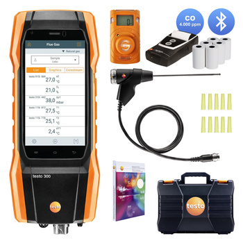 Testo 300 NEXT LEVEL O2 i CO Analizator spalin (4.000ppm) z drukarką + detektor Senco CO